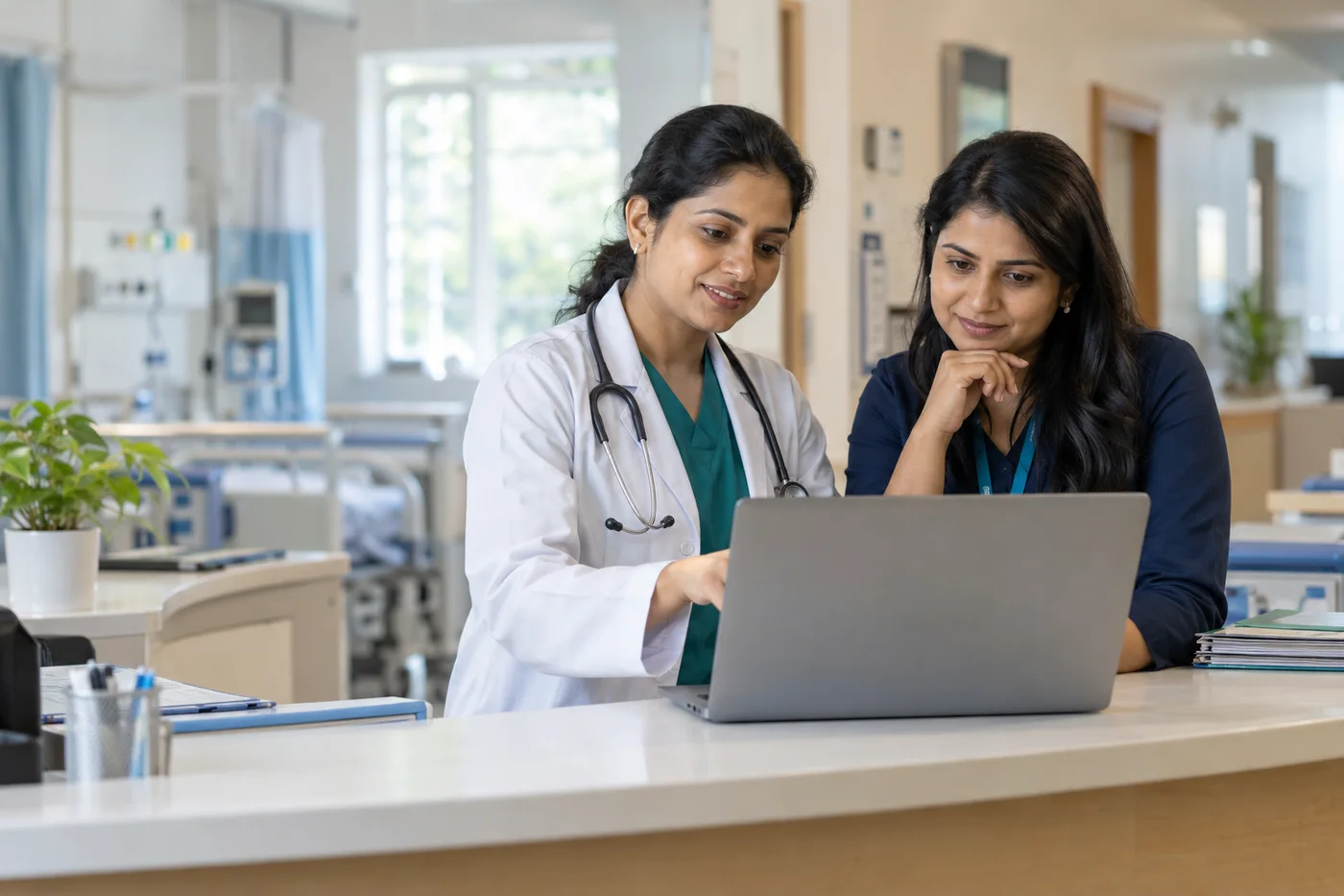 Doctor and hospital colleague working together at a laptop